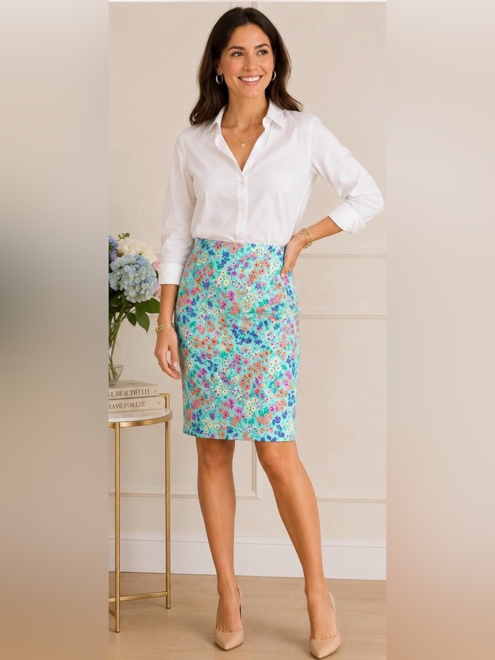 J.Crew Re-Imagined Floral Pencil Skirt Mint Green Size 2 Cotton Stretch